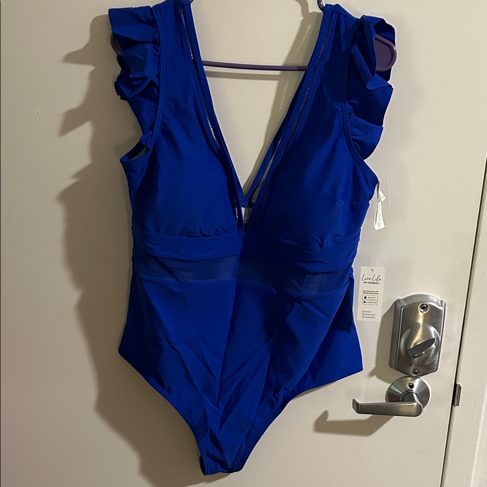 Royal Blue Ruffle Shoulder One-Piece Swimsuit